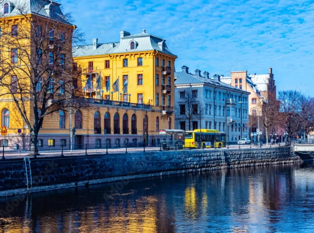 Image of the city Gävle showing water and apartement houses